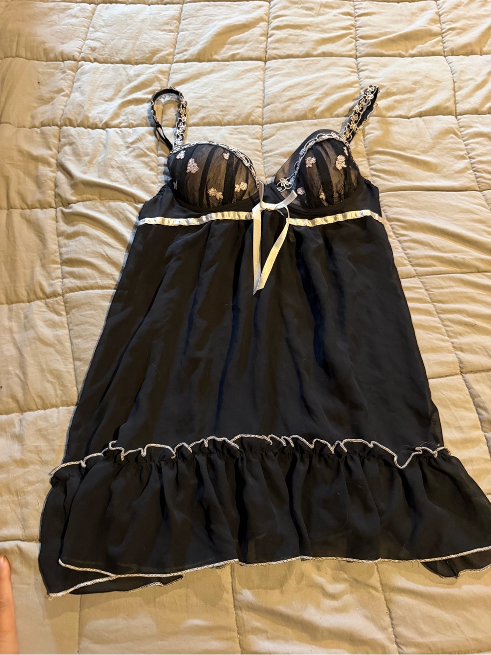 Ambrielle Black Lace-Trim Sheer Babydoll Chemise